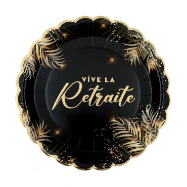 Assiettes Vive la Retraite noir et or avec motifs végétaux et inscription dorée | jourdefete.com