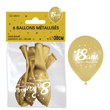 Ballons métallisés 18 ans or, lot de 6 | jourdefete.com