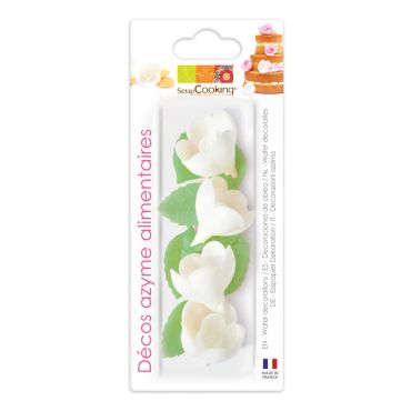 Roses blanches et feuilles vertes en azyme pour décoration de gâteau | jourdefete.com