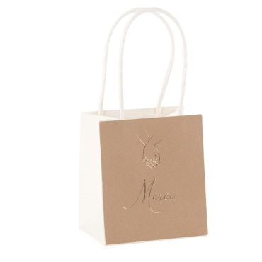 Des sacs avec écrit "Merci" en camel pour votre mariage avec la collection Bella Terra | jourdefete.com
