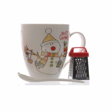 Coffret cadeaux - Set de Chocolat Chaud en porcelaine avec sa râpe et sa cuillère - Bonhomme de Neige