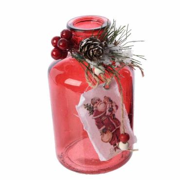 Bouteille rouge en verre avec décor du Père Noël sur tissu