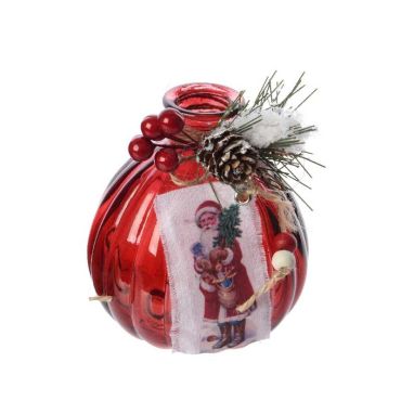 Bouteille ronde rouge en verre avec décor du Père Noël sur tissu