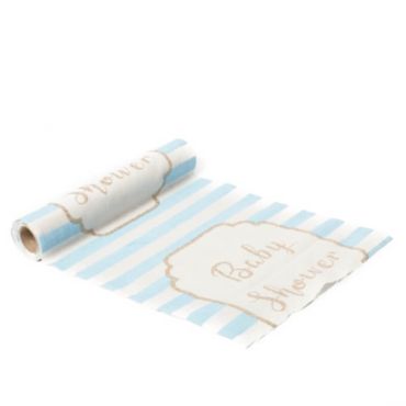 Chemin de Table Baby Shower en Lin Rayé - Bleu, Blanc et Or