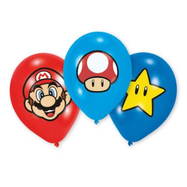 Lot de 6 ballons Super Mario avec Mario, étoile et champignon | jourdefete.com