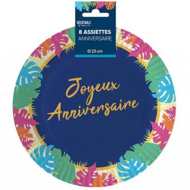 Assiettes tropicales anniversaire avec feuilles exotiques et inscription dorée | jourdefete.com