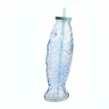 Bouteille Poisson avec couvercle et Paille - Bleu Clair