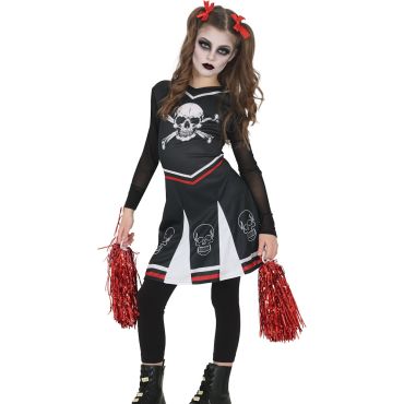 Fille portant un costume de pom-pom girl gothique noire et rouge avec maquillage d'Halloween et têtes de mort | jourdefete.com Fille portant un costume de pom-pom girl gothique noire et rouge avec maquillage d'Halloween et têtes de mort | jourdefete.com