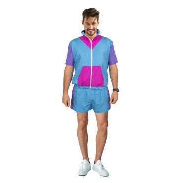 Homme portant un ensemble de sport rétro fluo bleu violet et rose avec short et veste | jourdefete.com Homme portant un ensemble de sport rétro fluo bleu violet et rose avec short et veste | jourdefete.com