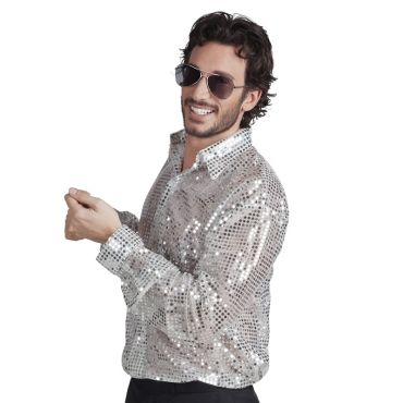 Chemise Disco Sequins Argent Homme - Taille au Choix