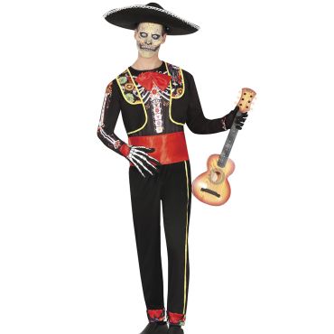 Homme portant un déguisement de mariachi squelette noir avec des motifs floraux colorés et une ceinture rouge pour la fête de Dia de los Muertos | jourdefete.com