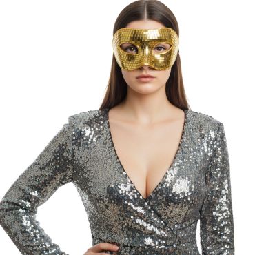 Loup disco or à facettes porté par une femme en robe argentée | jourdefete.com Loup disco or à facettes porté par une femme en robe argentée | jourdefete.com