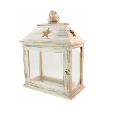 Grande Lanterne en Bois Brut et Verre Etoilée Grande Lanterne en Bois Brut et Verre Etoilée