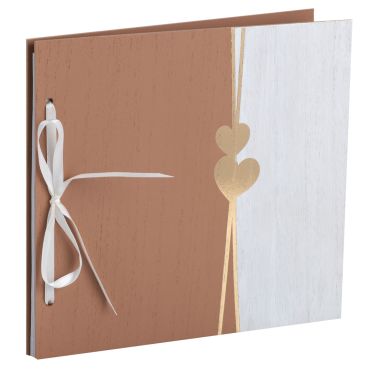 Livre d’or mariage 40 pages moka avec ruban et cœurs dorés | jourdefete.com