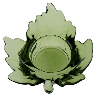 Porte-bougie en verre en forme de feuille de vigne automnale de couleur vert forêt transparent garni d'un réceptacle central pour bougie chauffe-plat | jourdefete.com Porte-bougie en verre en forme de feuille de vigne automnale de couleur vert forêt transparent garni d'un réceptacle central pour bougie chauffe-plat | jourdefete.com
