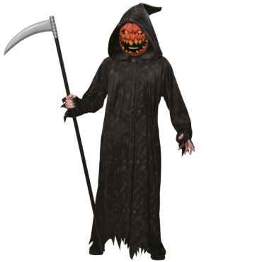 Costume enfant Halloween faucheur citrouille avec robe noire et masque terrifiant | jourdefete.com