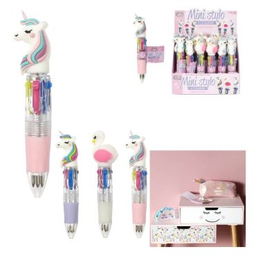 Mini stylo 4 couleurs fantaisie modèle aléatoire licorne et cygne