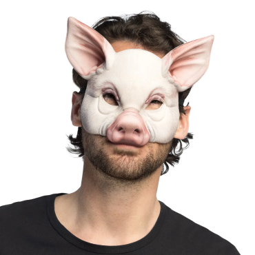 Homme portant un demi-masque de cochon réaliste rose pâle avec de grandes oreilles | jourdefete.com