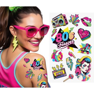 Tatouages éphémères sur le thème des années 80 avec des motifs colorés comme un radiocassette, un roller et des éclairs fluos | jourdefete.com