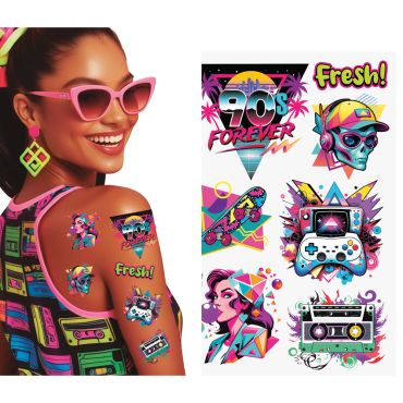 Planche de tatouages temporaires avec motifs des années 90 comprenant un extraterrestre, une cassette et une manette de jeu | jourdefete.com