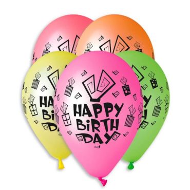 5 Ballons happy birthday néon assortis | jourdefete.com