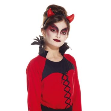 serre-tete enfant cornes de diable rouges tissu brillant halloween| jourdefete.com