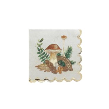 Serviettes cocktail 24x24 cm au motif champignon et feuillage doré pour apéritif automnal | jourdefete.com