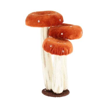 Trio de champignons décoratifs d'automne en velours orange et mousse sur socle | jourdefete.com