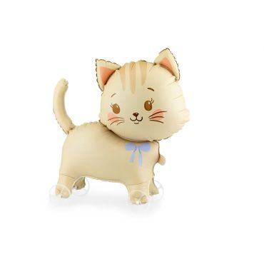 Ballon marcheur en aluminium en forme de petit chat beige avec un nœud bleu et des roulettes | jourdefete.com Ballon marcheur en aluminium en forme de petit chat beige avec un nœud bleu et des roulettes | jourdefete.com