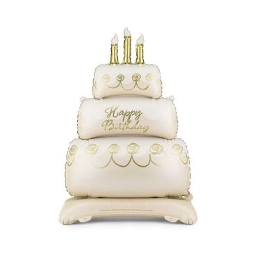 Ballon en aluminium sur pied en forme de gâteau d'anniversaire à trois étages beige et or avec des bougies | jourdefete.com