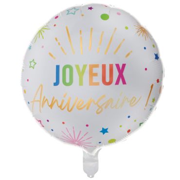 Ballon aluminium blanc Joyeux Anniversaire 45 cm avec motifs festifs colorés | jourdefete.com