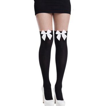 Jambes de femme portant des bas hauts opaques noirs avec un nœud blanc en satin et des escarpins | jourdefete.com Jambes de femme portant des bas hauts opaques noirs avec un nœud blanc en satin et des escarpins | jourdefete.com