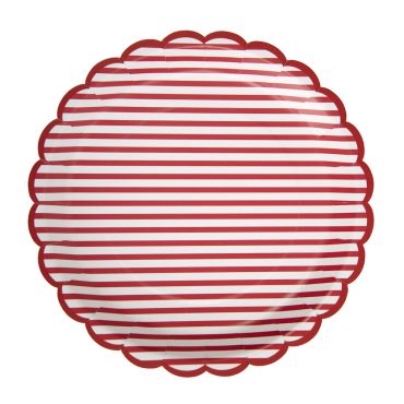 Assiettes en carton festonnée à rayures bayadère rouges et blanches pour décoration de fête | jourdefete.com