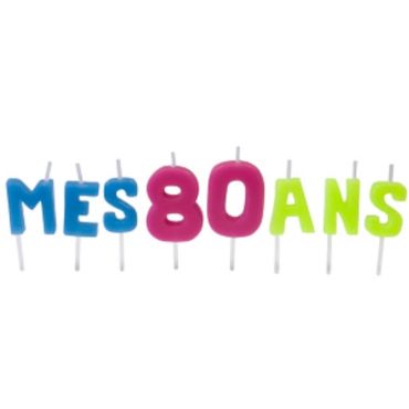 Bougies "Mes 80 ans" (Bleu, Rose et Jaune)