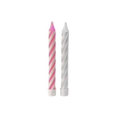 Sachet de 10 Bougies d'Anniversaire et Bobèches Striées - Rose