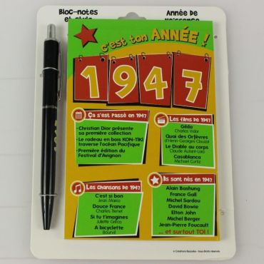 Bloc-notes et Stylo Année de naissance 1947 Bloc-notes et Stylo Année de naissance 1947