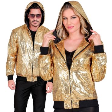 Homme et femme portant un bomber à capuche doré à sequins brillants | jourdefete.com