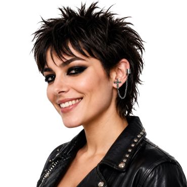 Femme arborant un maquillage sombre et une boucle d'oreille punk avec croix gothique et chaîne reliée à un earcuff | jourdefete.com