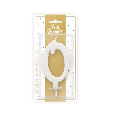Bougie chiffre 0 blanche irisée pour décorations festives | jourdefete.com
