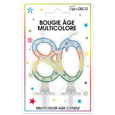 Bougie d'anniversaire âge 80 ans multicolore