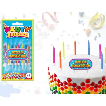 8 Bougies Multicolores et Totem "Joyeux Anniversaire"