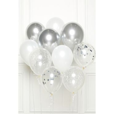 Bouquet de ballons argent et blanc avec confettis pour fête chic et douce | jourdefete.com