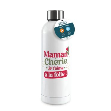 Gourde isotherme blanche avec motif floral et texte maman chérie je t'aime à la folie pour la fête des mères | jourdefete.com Gourde isotherme blanche avec motif floral et texte maman chérie je t'aime à la folie pour la fête des mères | jourdefete.com