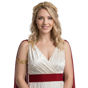 Femme blonde souriante portant le bracelet de bras feuille d'or romaine | jourdefete.com Femme blonde souriante portant le bracelet de bras feuille d'or romaine | jourdefete.com