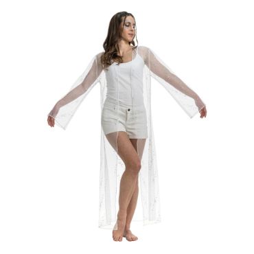 Femme portant une longue veste de festival transparente et pailletée, déclinée en couleur blanche | jourdefete.com