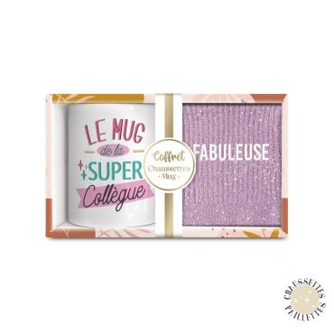 Coffret cadeau mug "Super Collègue" et chaussettes pailletées "Fabuleuse" | jourdefete.com