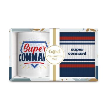 Coffret cadeau mug et chaussettes “Super connard” style super-héros bleu et rouge | jourdefete.com