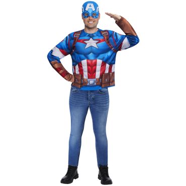 Homme souriant qui fait un salut militaire en portant un t-shirt imprimé manches longues et un demi-masque de Captain America | jourdefete.com