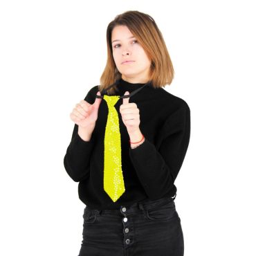 Cravate fluo jaune à sequins pour soirée festive et déguisement | jourdefete.com