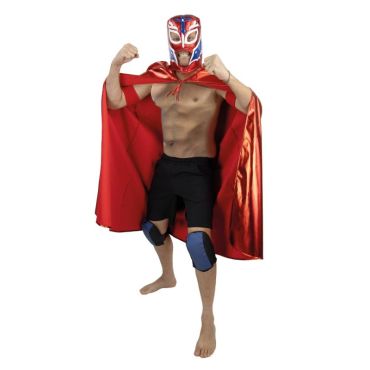 Homme portant un kit de déguisement de catcheur mexicain avec une cape rouge brillante et un masque de Lucha Libre rouge et bleu | jourdefete.com